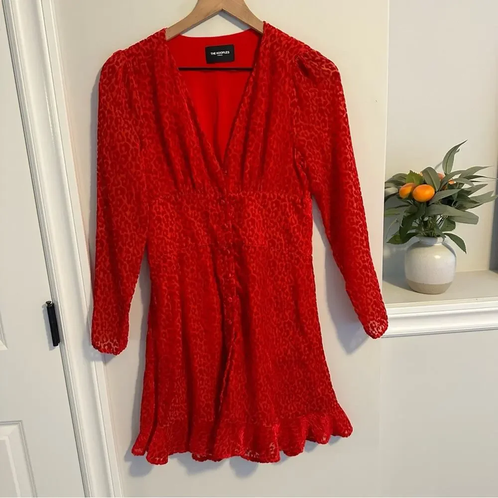 The Kooples Red Velvet Leopard Print Mini Dress XS